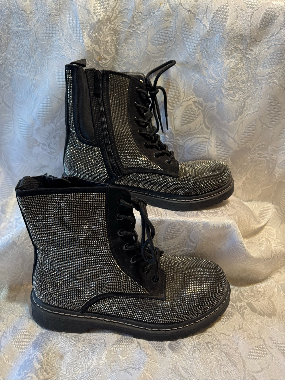 Women’s Rhinestone Combat Ankle Boots Lace-Up Side Zip Round Toe Black/Silver